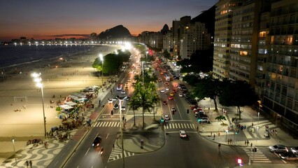 Sunset Skyline In Copacabana Beach Rio De Janeiro Brazil. Aerial View Of Stunning Beach With...