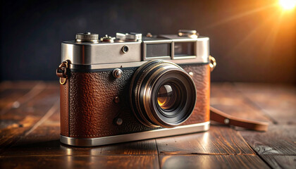an old fashioned camera placed on a wooden surface, creating a vintage aesthetic. the camera is the central focus, with its design evoking nostalgia