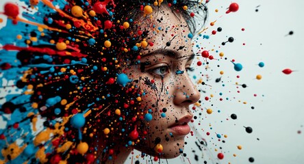 Vibrant Paint Droplets Exploding Around Woman's Face - A Dynamic Artistic Expression of Color and Emotion