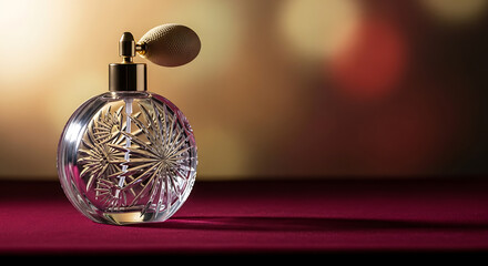Elegant crystal perfume bottle with gold accents, set on a luxurious red surface, with a blurred background.