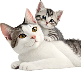 Charming illustration of a loving mother cat with a tiny kitten nestled on her back, both with big, adorable eyes and sweet expressions.