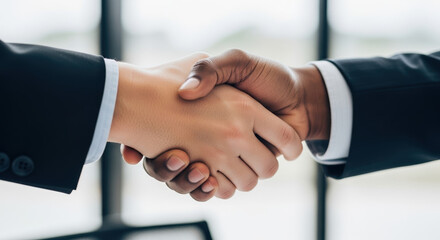Obraz premium Business handshake for professional agreement between two people in formal suits indoors. Business handshake concludes successful deal, solidifying partnership between caucasian woman and african man.
