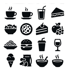 Vector icons of various foods and beverages including coffee, pizza, cake, and fruit