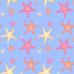 Seamless pattern of colorful starfish on blue background