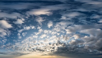 overcast sky with various cloud formations ranging from fluffy to dense hinting at early morning or late afternoon light wide and panoramic perspective