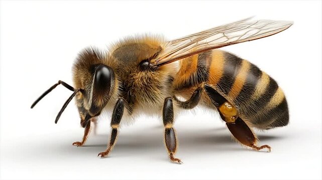 A detailed close-up of a honeybee, showcasing its fuzzy body, striped abdomen, and pollen baskets