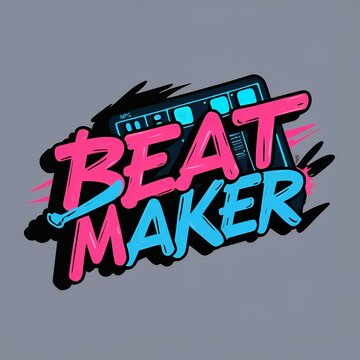 Vibrant logo design for a beat maker, featuring stylized text and a music production device.