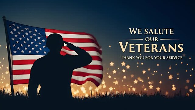 Solemn tribute to veterans with waving American flag and saluting silhouette, a dynamic video backdrop for patriotic holidays and remembrance events