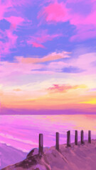Aesthetic sunset with pink and purple clouds over the sea and wooden posts on the shore line view