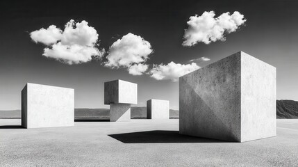 Abstract geometric cubes cloudy sky