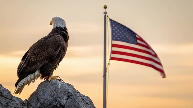 Majestic bald eagle watches over waving American flag in golden light, capturing a powerful moment of national pride and freedom