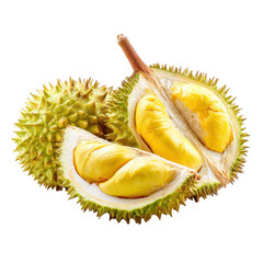 Obraz premium Two halves of a durian fruit, revealing golden flesh