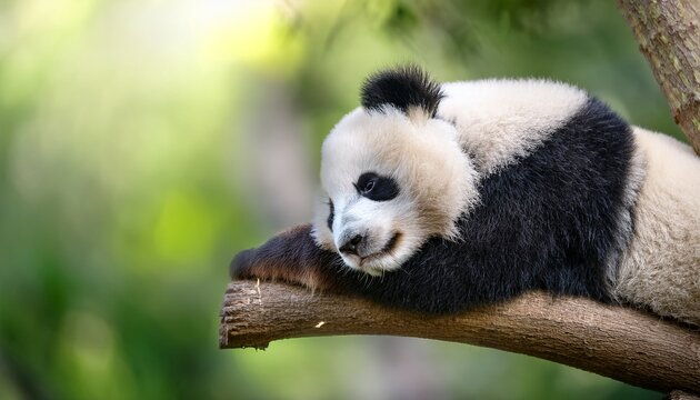 this adorable panda is shown relaxing on a tree branch embodying cuteness and serenity set against a dreamy blurred natural background filled with soft greenery