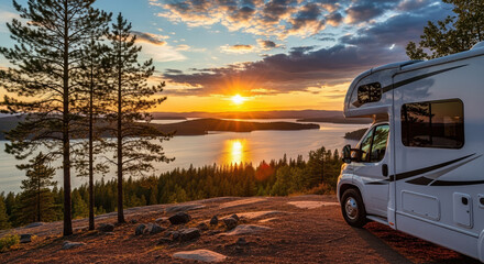 Serene campervan vacation on a hilltop overlooking lake at scenic sunset. Campervan vacation trip promises a relaxed atmosphere, scenic landscapes, and opportunities for outdoor recreation, freedom,
