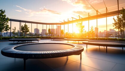 Obraz premium Trampolines on Rooftop at Sunset with Cityscape View