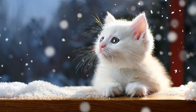 charming white kitten observing gentle snowfall from a cozy tabletop perch adorable - Powered by Adobe