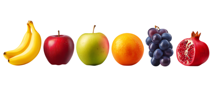 a variety of fresh fruits lined up isolated on a transparent background