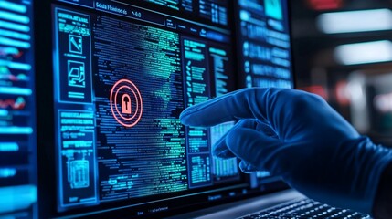 Cyber Security Breach: Finger Points at Digital Lock on Computer Screen