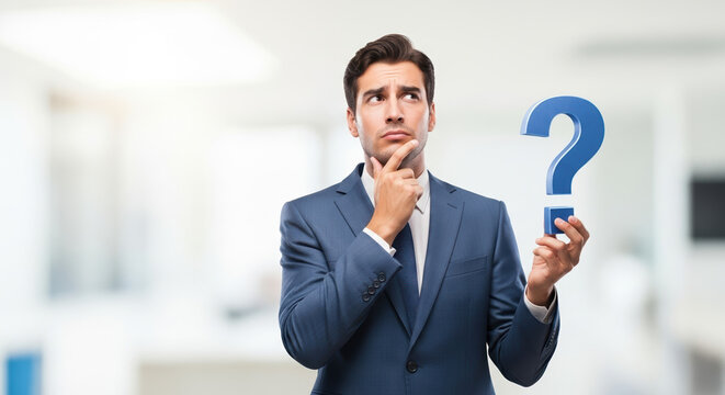 Question mark in hand, with man wearing a suit who appears to be contemplating decision making. Question mark indicates searching for a solution with thinking and analyzing.