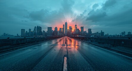 Obraz premium Dramatic Urban Sunrise/Sunset: New York City Skyline Silhouetted Against a Vibrant Sky with Wet Road Reflections