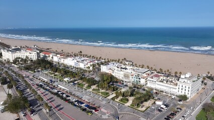 Las Arenas Beach In Valencia Spain. Bird Eye View Of A Amazing Coastal Beach In The Summer Holiday. Town Sky Backgrounds Urban. Outside Backgrounds Up Above. Valencia Spain.