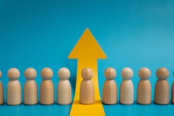 Leadership success concept wooden figure team growth yellow arrow career development business strategy.
