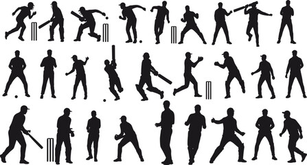 Cricket players silhouette, batting, bowling, fielding, running, catching, wicket, team sport, athletic movement, outdoor game, cricket match, isolated on white background,.eps
