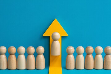 Leadership success concept wooden figure team growth yellow arrow career development business strategy.