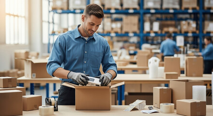 Man packing boxes, preparing for shipment in warehouse. Man packing boxes carefully, preparing items and parcels for shipping, fulfillment. Concept warehouse worker packing boxes ready for dispatch.
