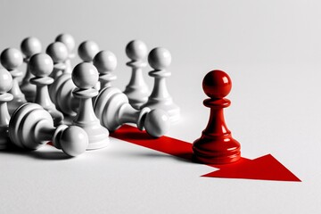 Red chess pawn leadership concept with white pawns teamwork business strategy unique success direction.