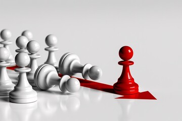 Red chess pawn leadership concept with white pawns teamwork business strategy unique success direction.
