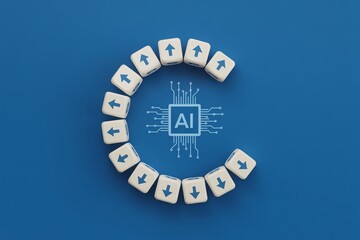 Artificial intelligence ai chip with arrow dice circle technology future innovation blue background.