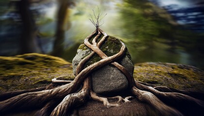Obraz premium symbol of grounding through entwined root and rock