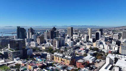 Downtown City In Cape Town Western Cape South Africa. Aerial View Of A High-Rise Buildings And Traffic Showcasing Urban Life. Business Sky Downtown Cityscape. Business Panning Wide.