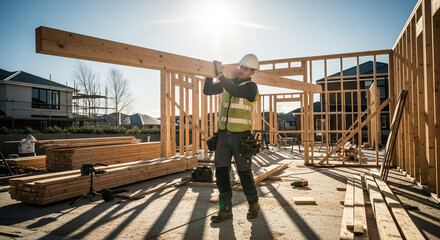 Construction worker carrying timber beam, framing the construction site. Construction worker holds heavy timber beam, wearing safety gear at new build site.