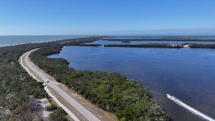 Obraz premium Fort De Soto Park In Clearwater Florida United States. Breathtaking Aerial View Of A Lush Tropical Coastline Scenery. Coast Horizon Seaside Summertime. Coast Panoramic. Clearwater Florida.