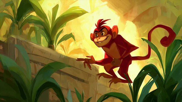 A mischievous red monkey perches on ancient ruins, nestled within a lush, sun-drenched jungle