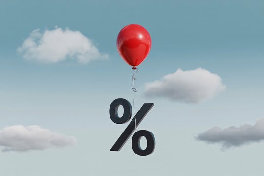 Red balloon lifting percent sign sky concept rising interest rate inflation finance loan increase.