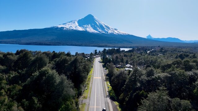 Patagonia Road In Puerto Octay Los Lagos Chile. Stunning Landscape Of Highway Road Viewed From Above. Snowy Lake Patagonia Landscape Exploring. Patagonia Landscape. Puerto Octay Los Lagos.