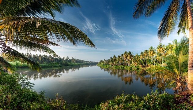 a magical take on a peaceful shot of the teppakulam framed by palm trees highlighting natural beauty