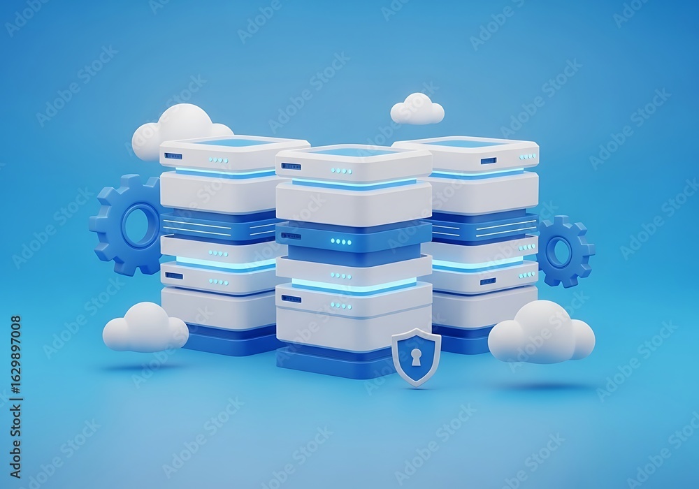 Poster 3d 3d render of cloud servers with security shield and gears on blue background