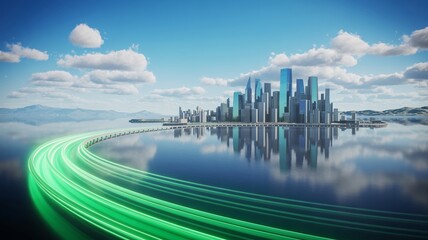 Futuristic smart city skyline with green light trails innovation technology transportation digital art.