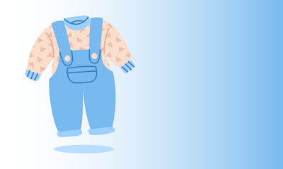 blue banner with a boy's jumpsuit. costume with a jumpsuit and a sweatshirt that symbolizes a gender party. flat color. surprise for pregnant. Let's find out the baby's gender. It's a boy. Horizontal