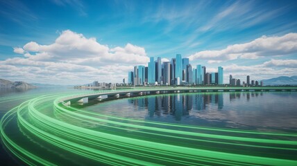 Futuristic smart city skyline with green light trails innovation technology transportation digital art.