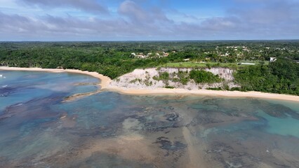 Mirror Beach In Trancoso Bahia Brazil. Bird Eye View Of A Amazing Coastal Beach In The Summer Holiday. Shore Sky Clouds Beach Sea. Outdoor Beach Panning Wide. Trancoso Bahia.