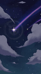 Illustration of a night sky with shooting stars and clouds in a vertical orientation view image