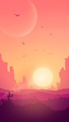 Illustration of desert landscape with sun, moon, birds and cactus silhouette at sunset time view