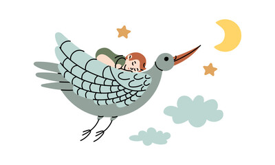 stork flies and carries a baby on its back. bird with sleeping baby against of the moon, stars, and clouds. flat, colored, isolated illustration. blue bird delivers baby to its parents. Happy Birthday