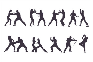 Set of man and woman fighting silhouettes. Martial arts and self-defense combat icons for a training manual, poster, or security concept.
