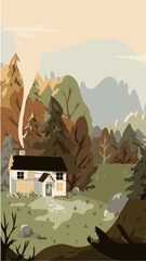 Illustration of a house with smoke coming from the chimney surrounded by trees and mountains in the distance